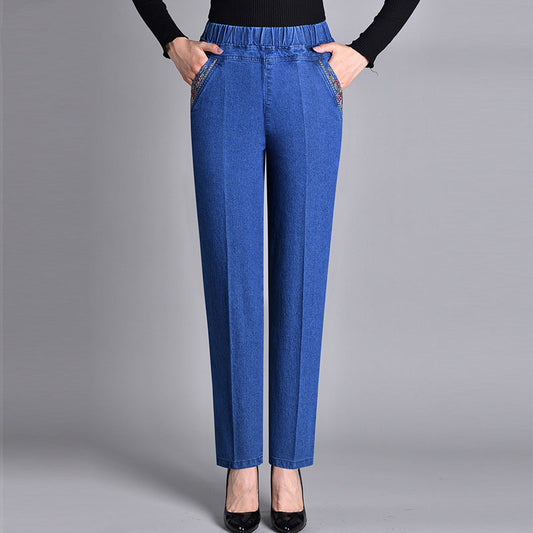 Jeans da donna con vita elastica completa con tasca laterale
